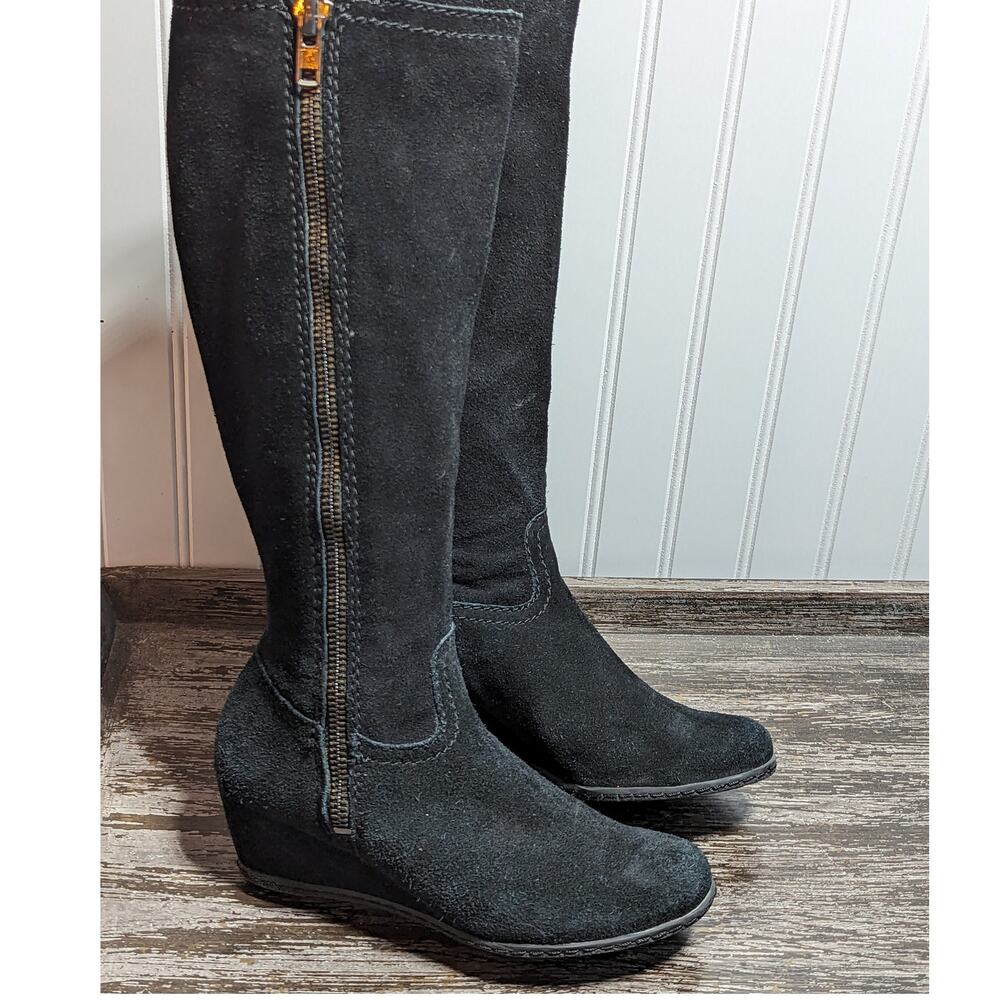 Franco Sarto Women's Black Suede Asher Wedge Heel Boots Size 7.5 M